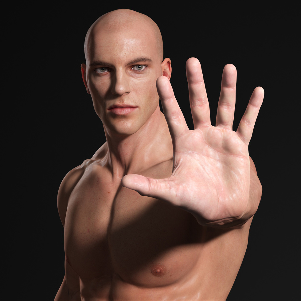 male body 3d front of hand 