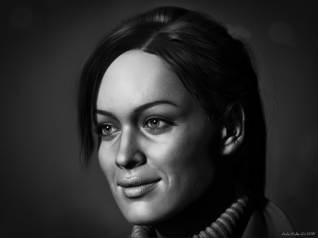 Black and white ZBrush render of Andor Kollar, pretty girl with smile and peach fuzz