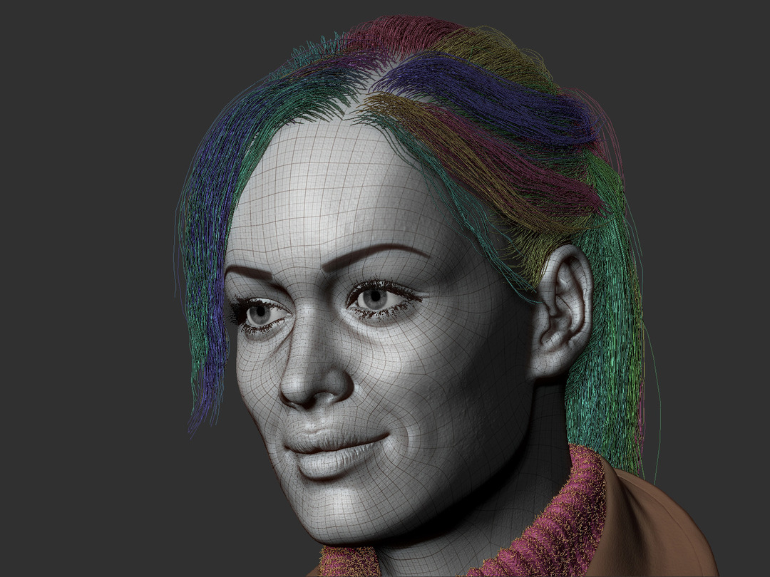 zbrush wireframe girl with fiber mesh