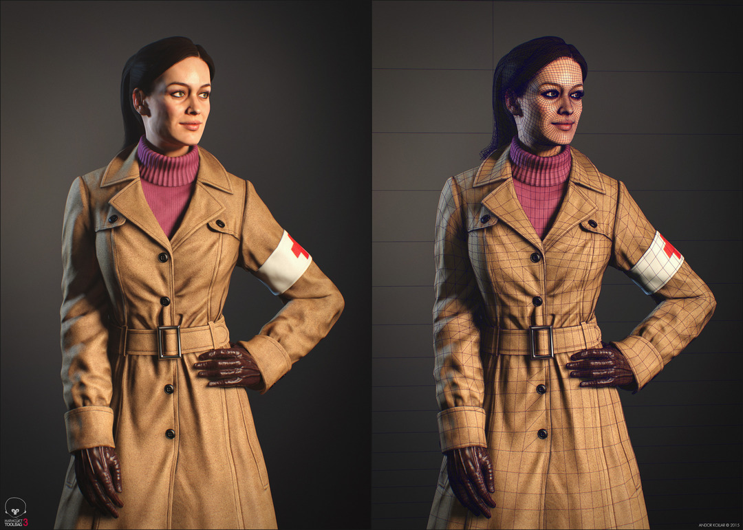 Nice girl character wireframe with ponytail and trench coat with sweater in Marmoset Toolbag