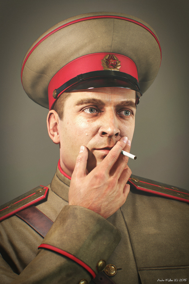 Andor Kollar Soviet Officer, smoking ww2, military hat on head