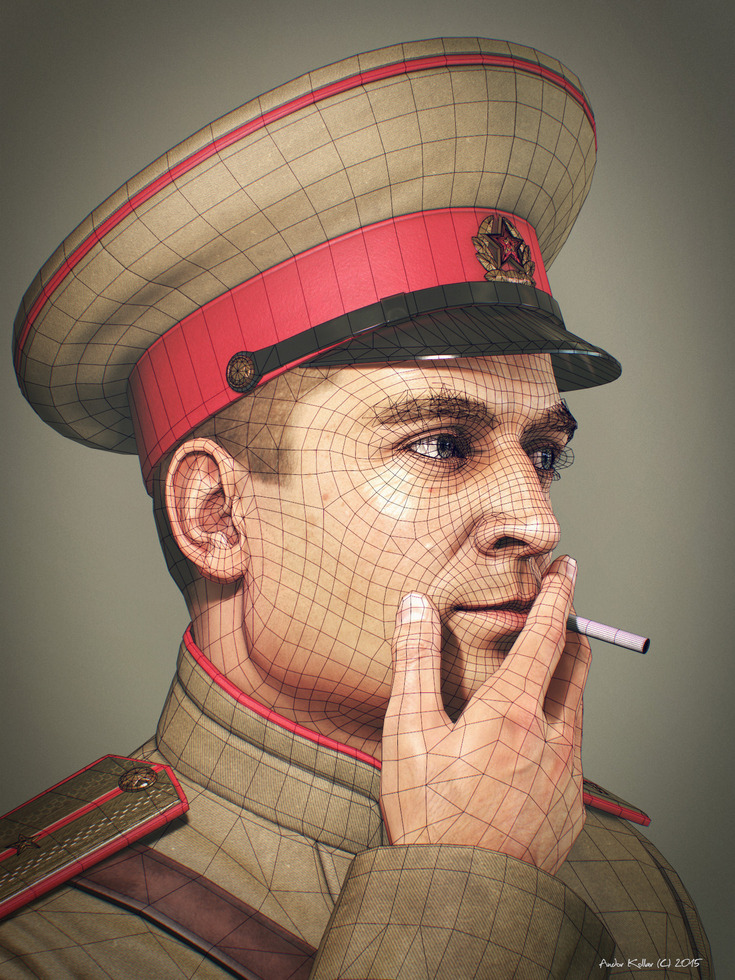 Andor Kollar smoking Soviet Officer Soldier wireframe