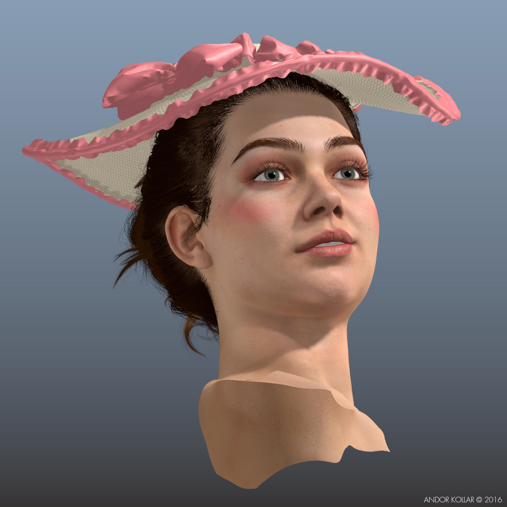 The Swing 3d Lady Head with Maya XGen Bun Hair and Colonial Straw Woman Hat