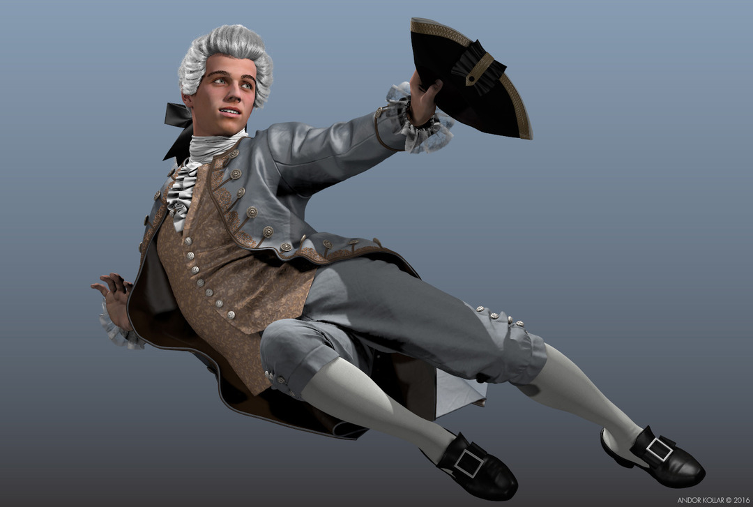 3d 18th century aristocrat character with justacorp coat, white wig and tricorn hat in Maya