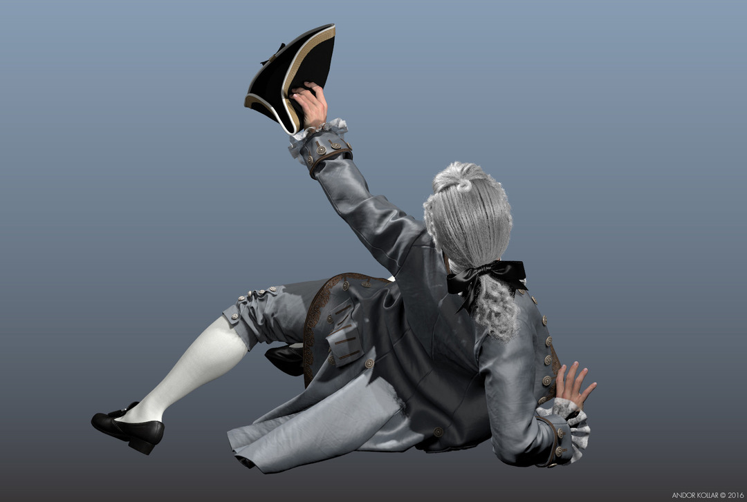 3d Man Casanova Character with Maya XGen Hair 18th Century Wig and Aristocrat Costume with Tricorn Hat