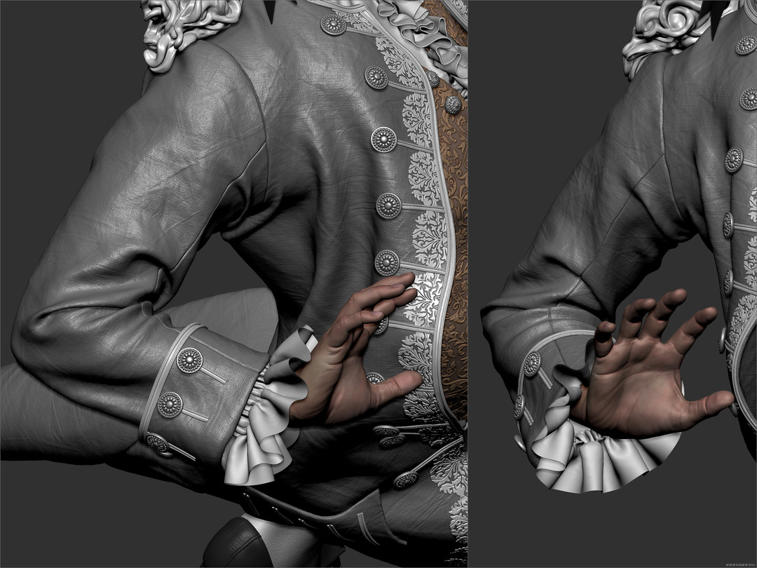 Character sculpting with 18th century rich aristocrats costume in ZBrush, sleeve ruffles