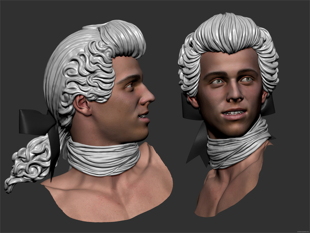 Young guy Casanova head in ZBrush with scarf and 18 century wig with bow