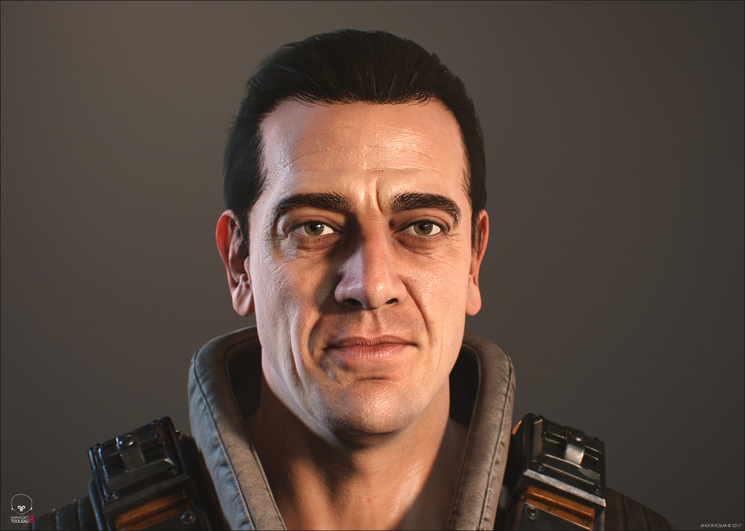 3d game soldier with the face of Jeffrey Dean Morgan with polygon hair