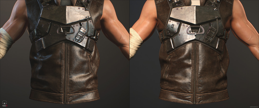 3d game soldier with metal armor and leather vest in Marmoset Toolbag