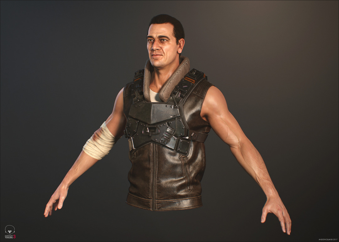 3d game soldier with metal armor, leather vest and arm bandage