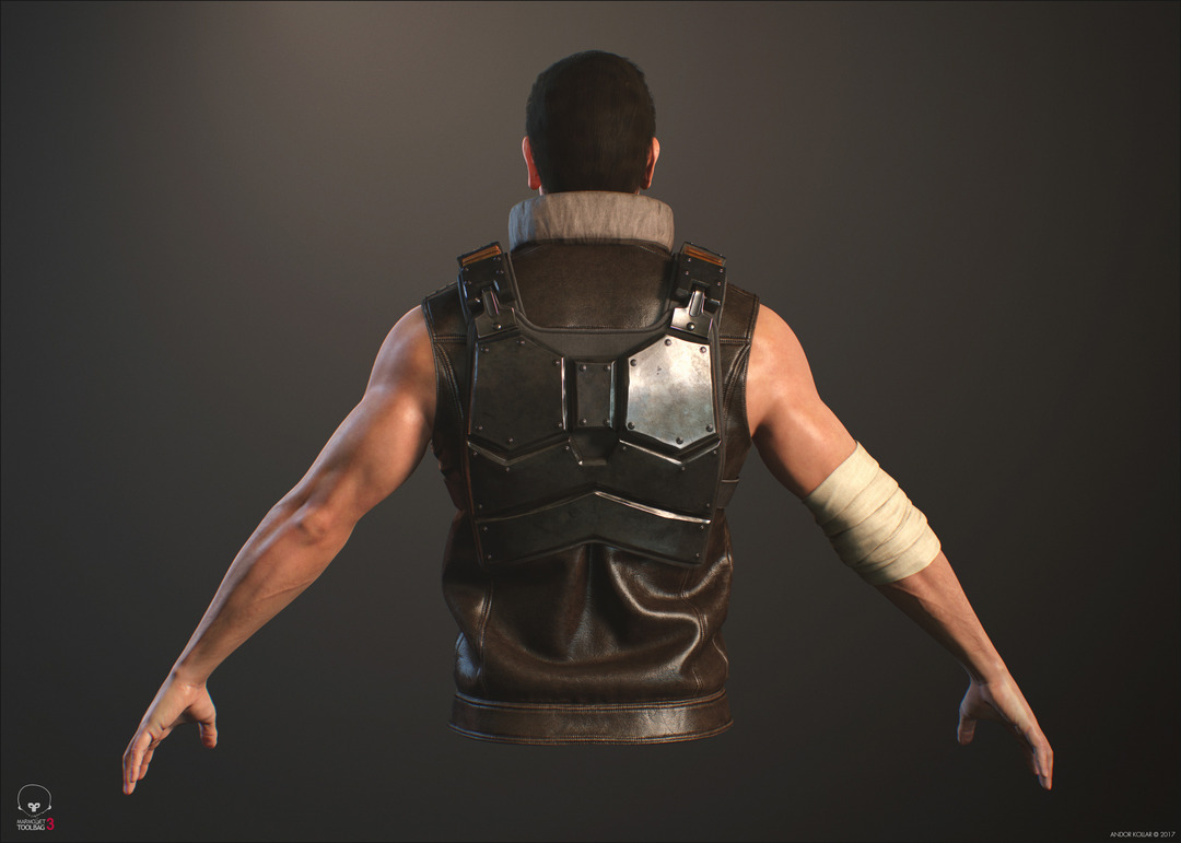 3d game soldier with metal armor, leather vest and arm bandage