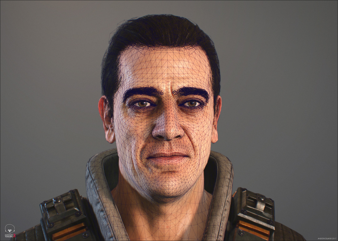 3d game soldier wireframe with polygon hair, eyelash and eyebrow