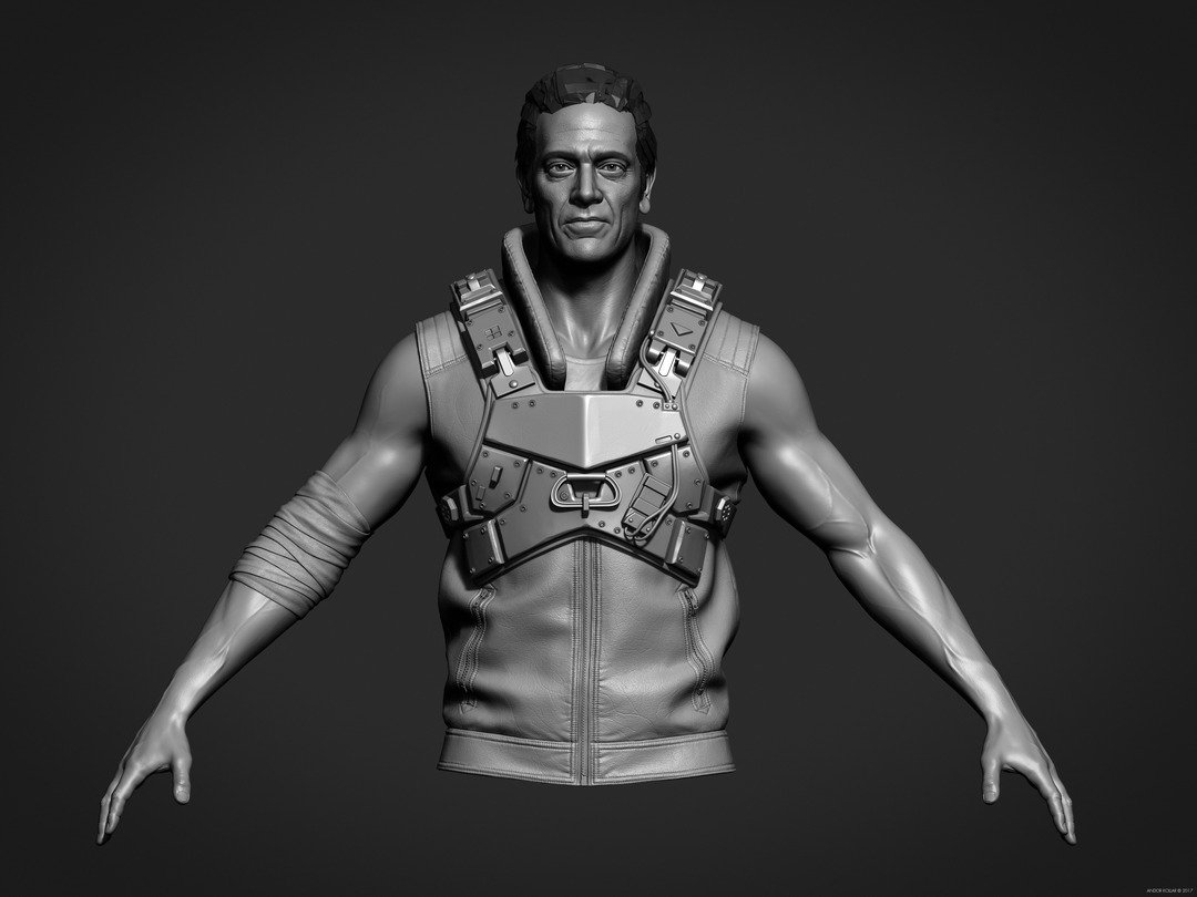 ZBrush soldier with metal armor, leather vest and arm bandage
