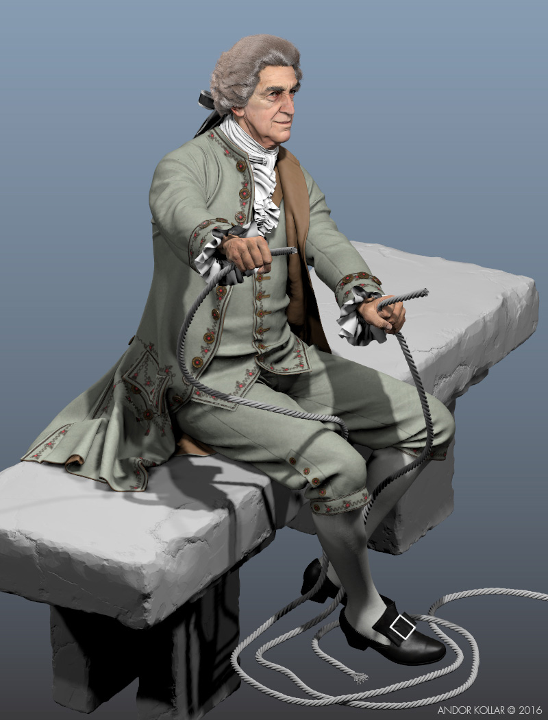 3d old man character sitting on bench, the 18th century wig hair created with Maya XGen and he wear aristocrat costume, rope in hand