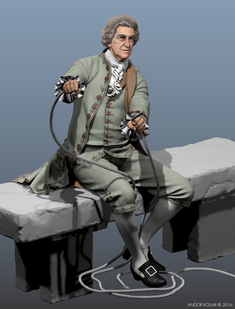 3d old man character sitting on bench, the 18th century wig hair created with Maya XGen and he wear aristocrat costume, rope in hand