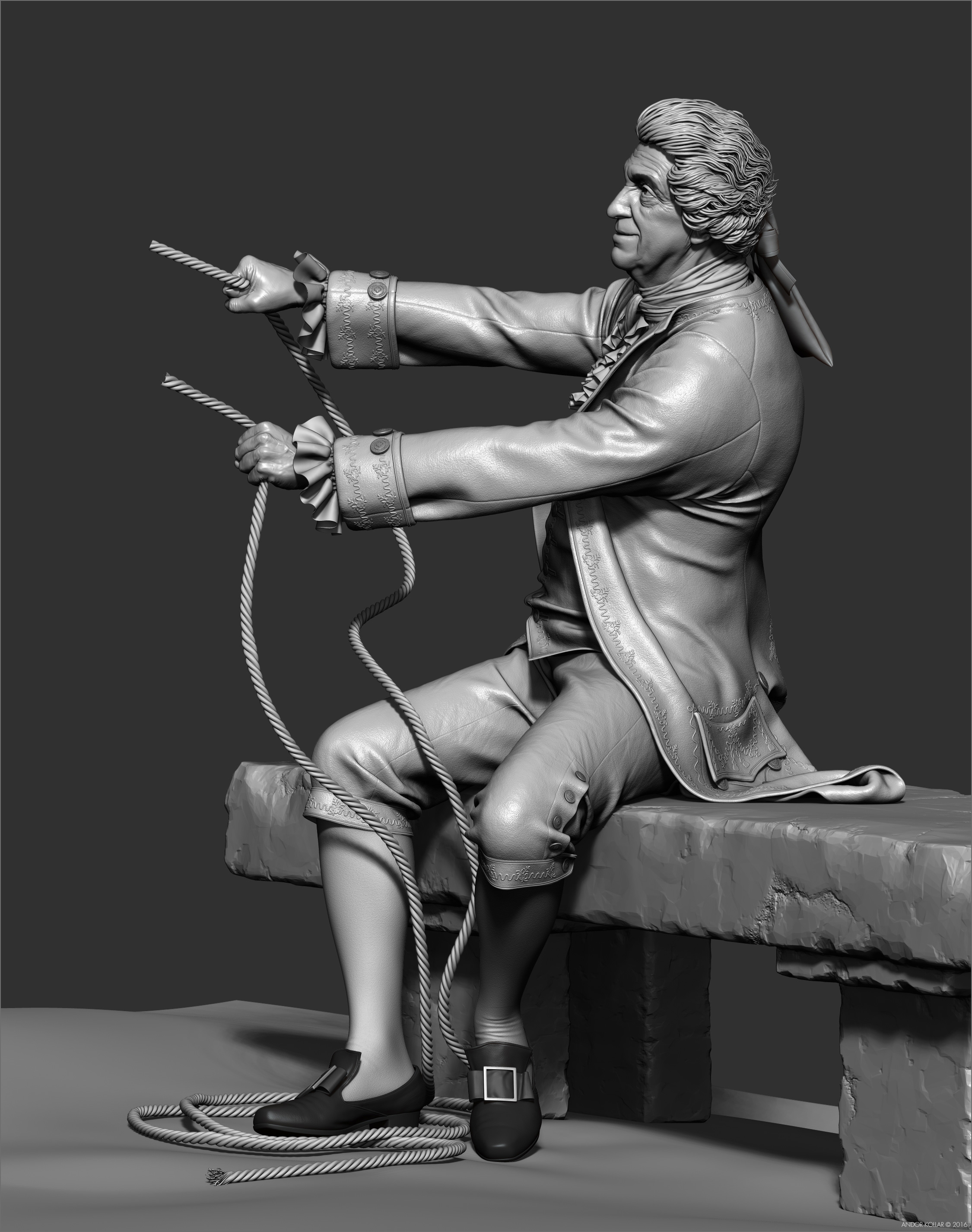 3d old man character detailed clothes in ZBrush with 18th century wig and aristocrat costume and rope in hand