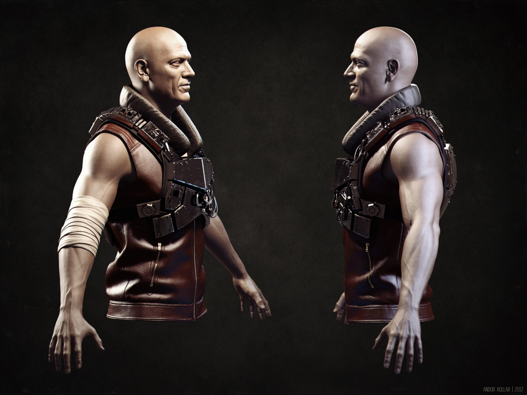 Metal armored 3d soldier with leather vest and bandage on arm, the character rendered in KeyShot.