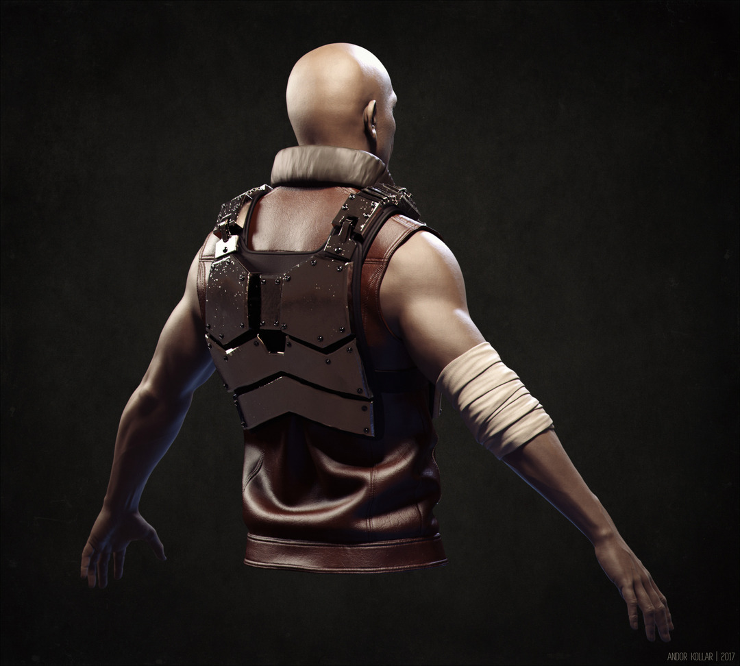 Metal armored 3d soldier with leather vest and bandage on arm, the character rendered in KeyShot.