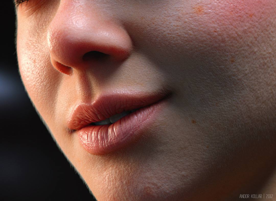 smiling girl mouth 3d render in Arnold using alShaders in Maya with peach fuzz
