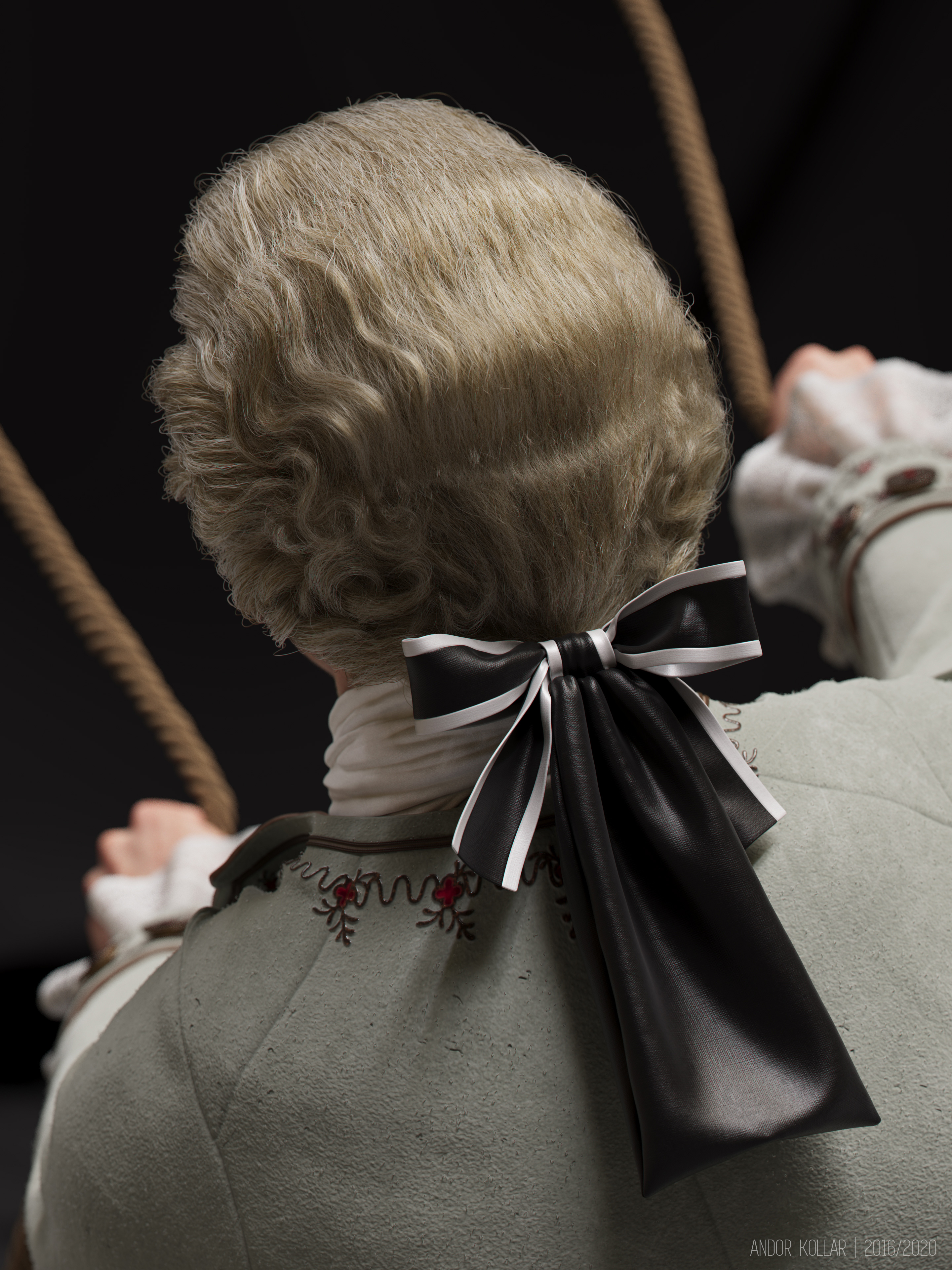 3d artwork of Andor Kollar in Maya with Arnold renderer, head, XGen hair, Jonathan Pryce as aristocrat with 18th costume, laces, scarf, wig and bow