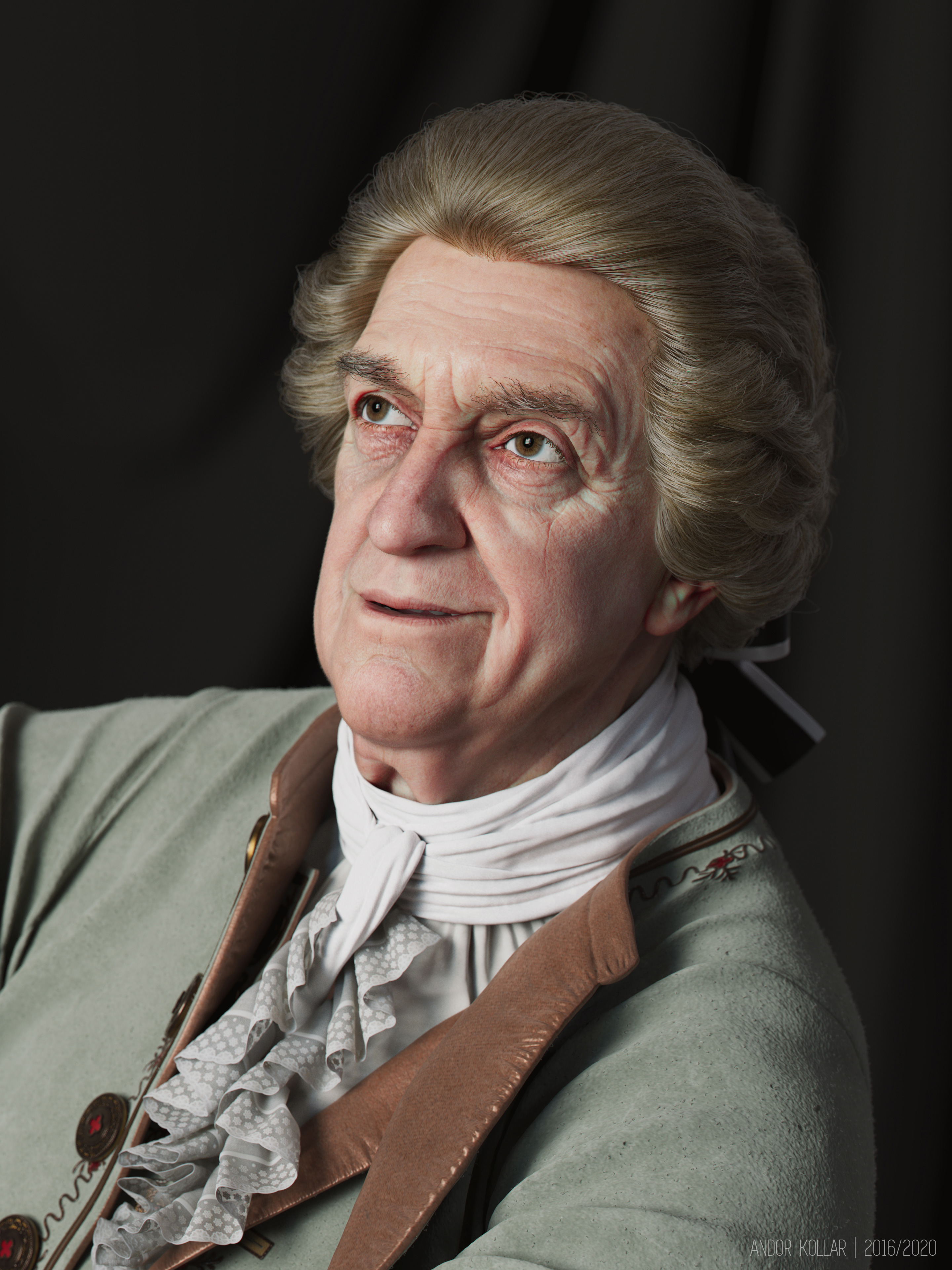 Jonathan Pryce as aristocrat in 18th costume, laces, scarf, wig and bow, 3d artwork of Andor Kollar in Maya, head and XGen hair in Arnold render