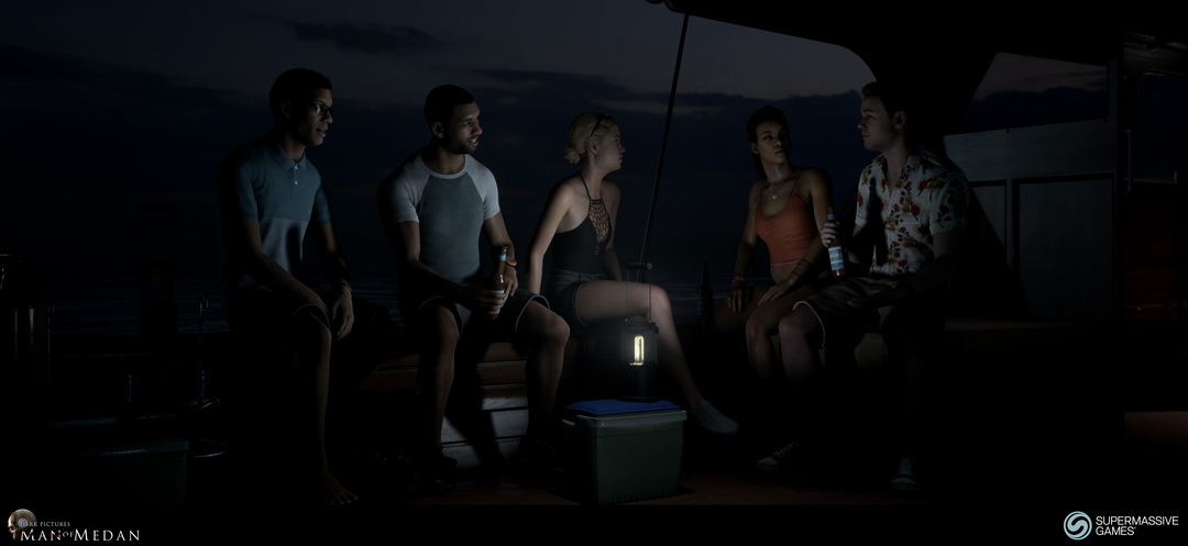 The Dark Pictures - Man of Medan. BBQ scene on the boat. Brad, Alex, Julia, Fliss and Conrad.