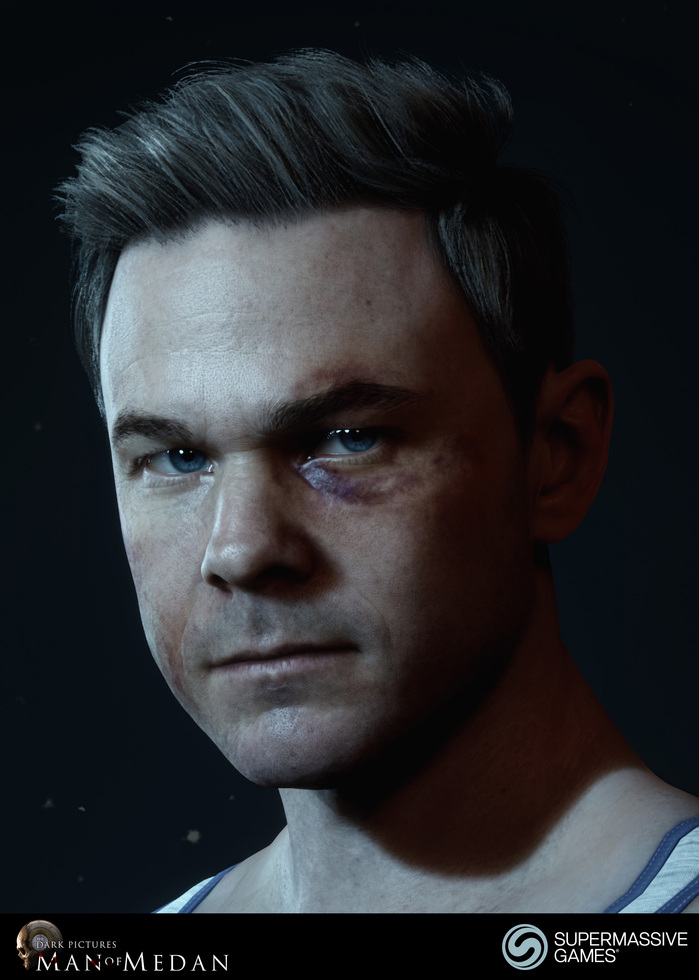 Conrad is character in The Dark Pictures - Man of Medan game in Unreal Engine. Conrad's face has bruises.