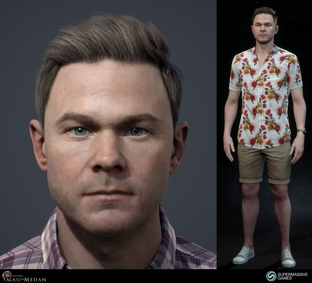 Conrad's face and full body in The Dark Pictures - Man of Medan game in Unreal Engine. 