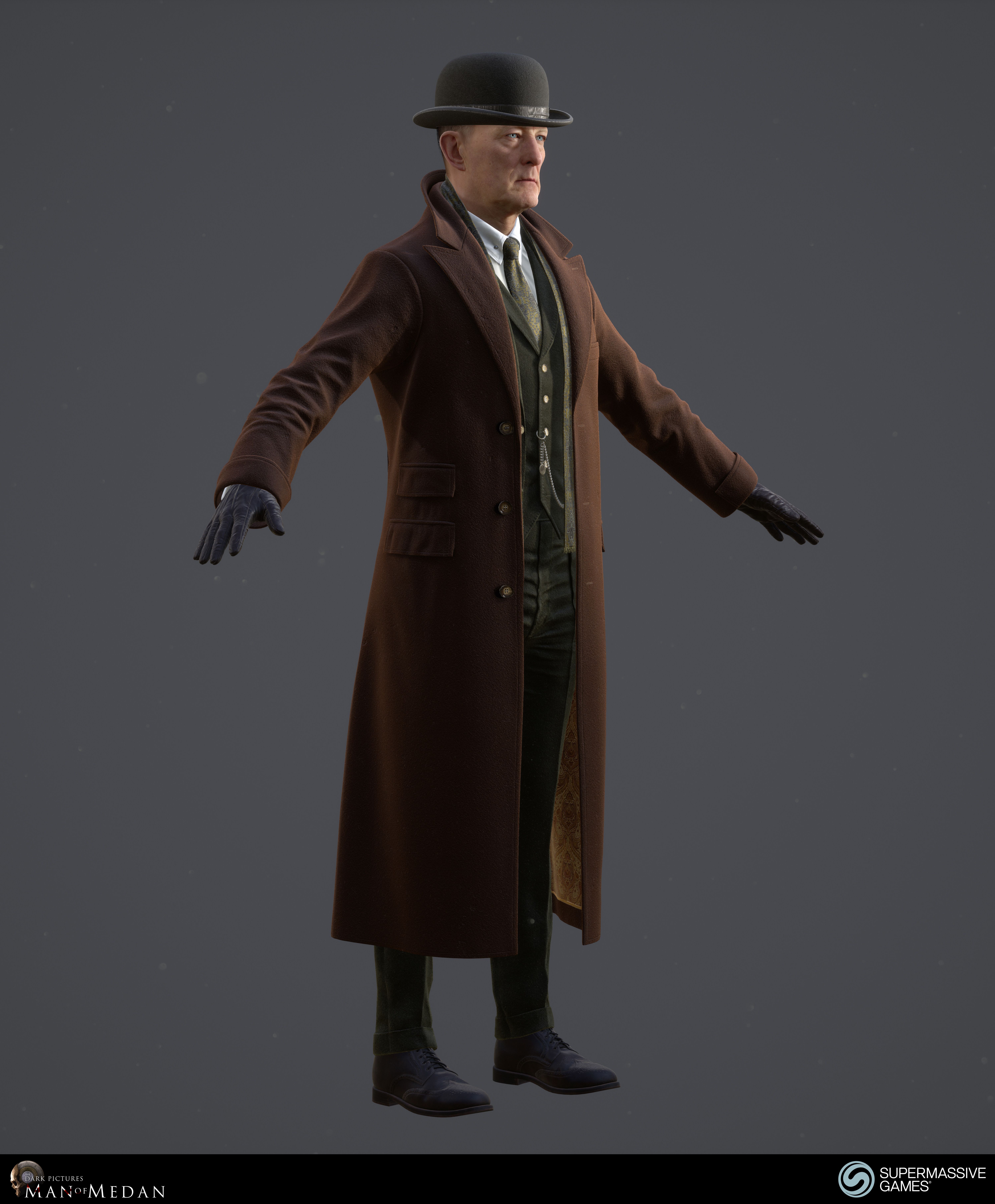 The Curator character in trench coat from The Dark Pictures game in Unreal Engine. Andor Kollar