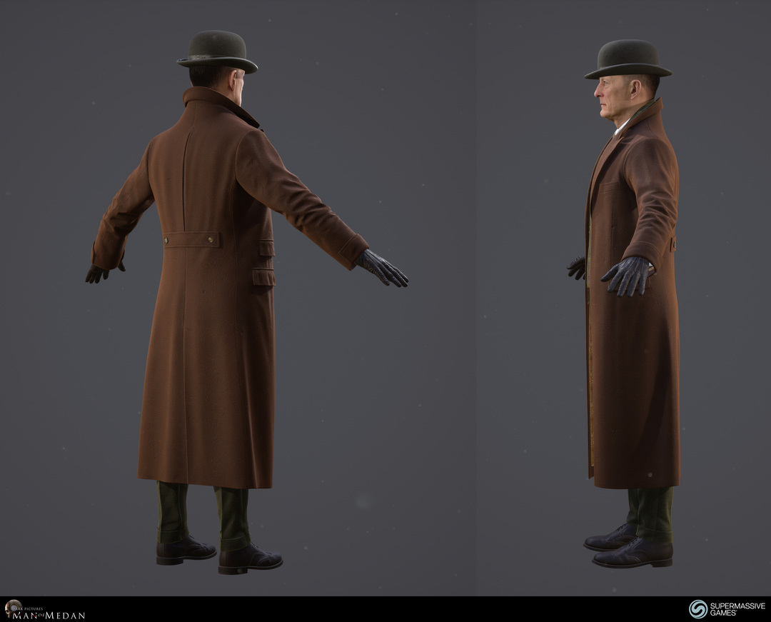 The Curator character in trench coat from The Dark Pictures game in Unreal Engine. Andor Kollar