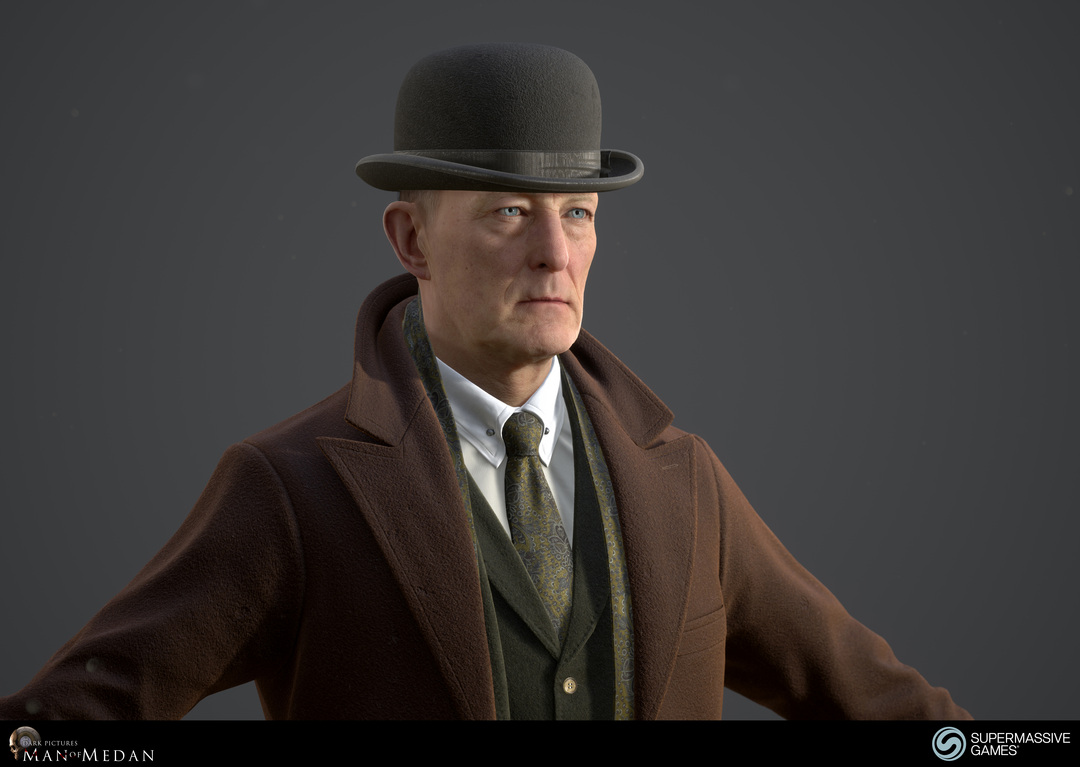 The Curator character in trench coat and with bowler hat from The Dark Pictures game in Unreal Engine. Andor Kollar