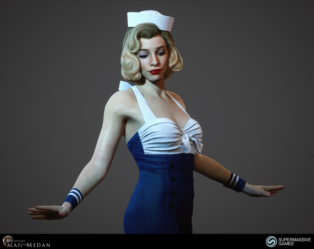 Sexy blonde pinup girl like Marilyn Monroe with blue and white dress and sailor hat from Man of Medan game. Andor Kollar