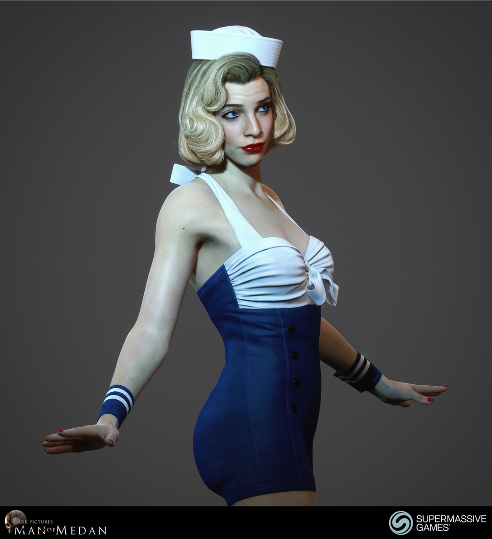 Sexy blonde pinup girl with blue and white dress and sailor hat from Man of Medan game. Andor Kollar