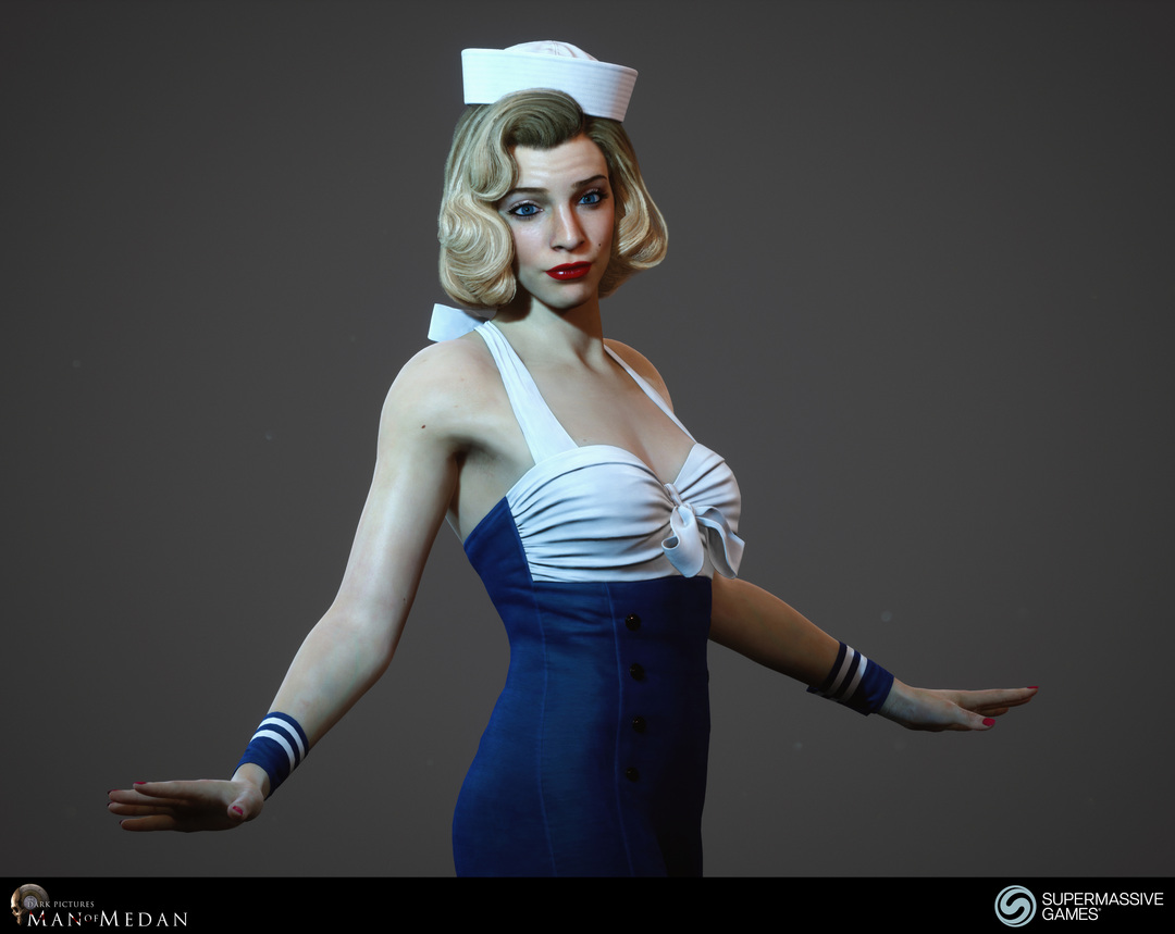 Sexy blonde pinup girl with blue and white dress and sailor hat from Man of Medan game. Andor Kollar