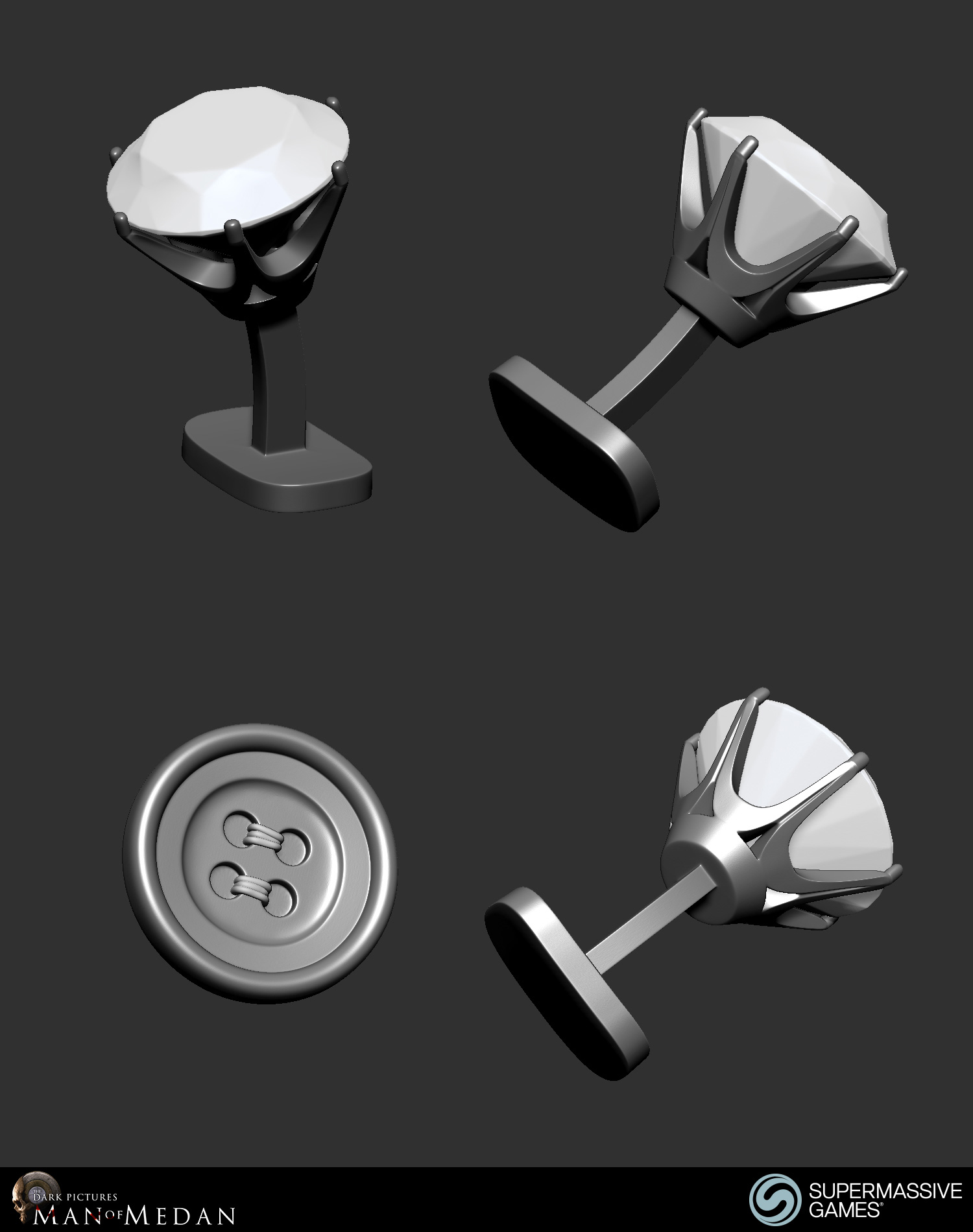 Cufflink crystal and button of the Curator character from Dark Pictures. ZBrush, Andor Kollar.