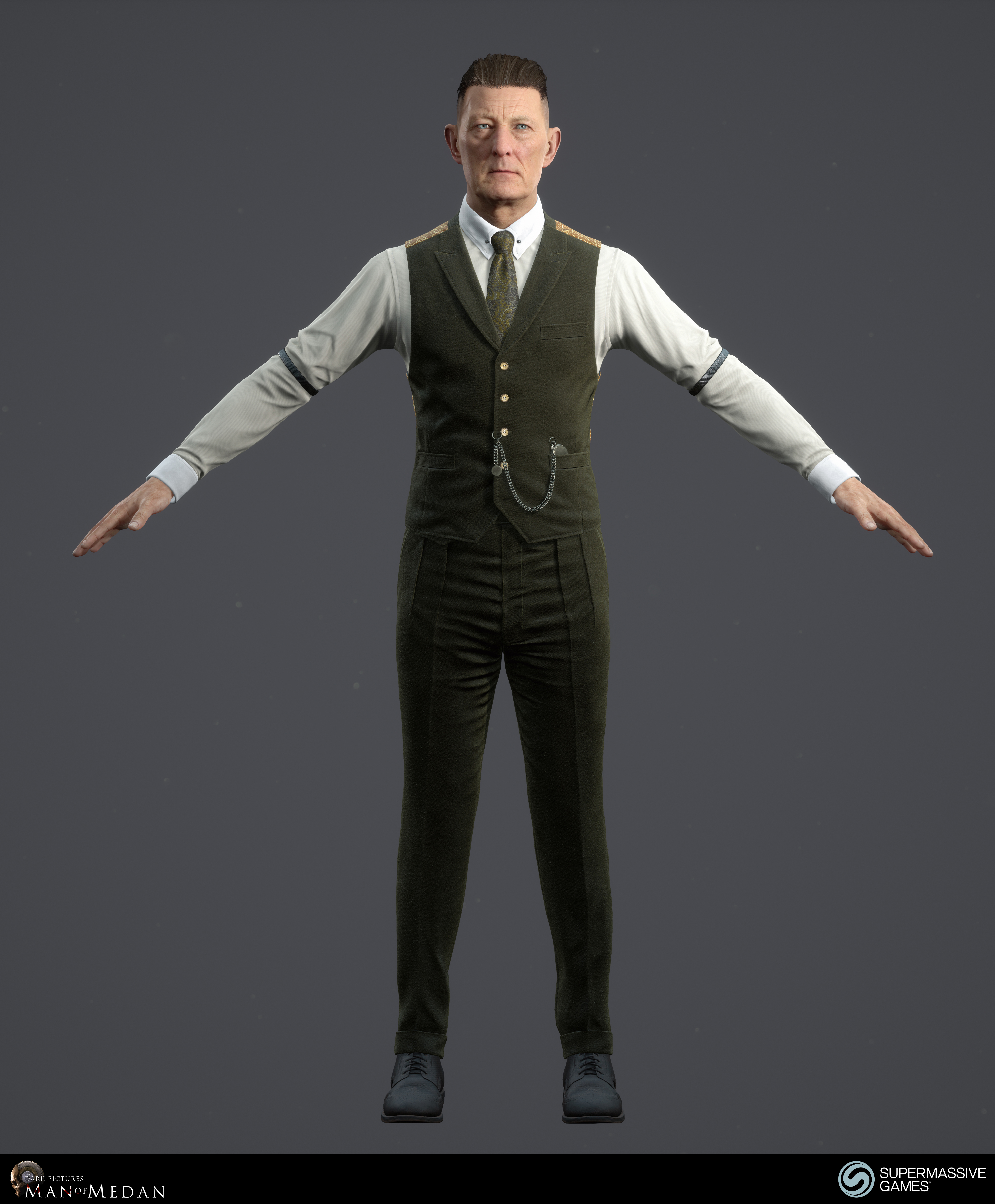 The Curator character from The Dark Pictures game in Unreal Engine. Cold hearted face with blue eyes, strong hold hair wax, elegant green costume, waistcoat, tie, pocket watch, sleeve garter. Andor Kollar