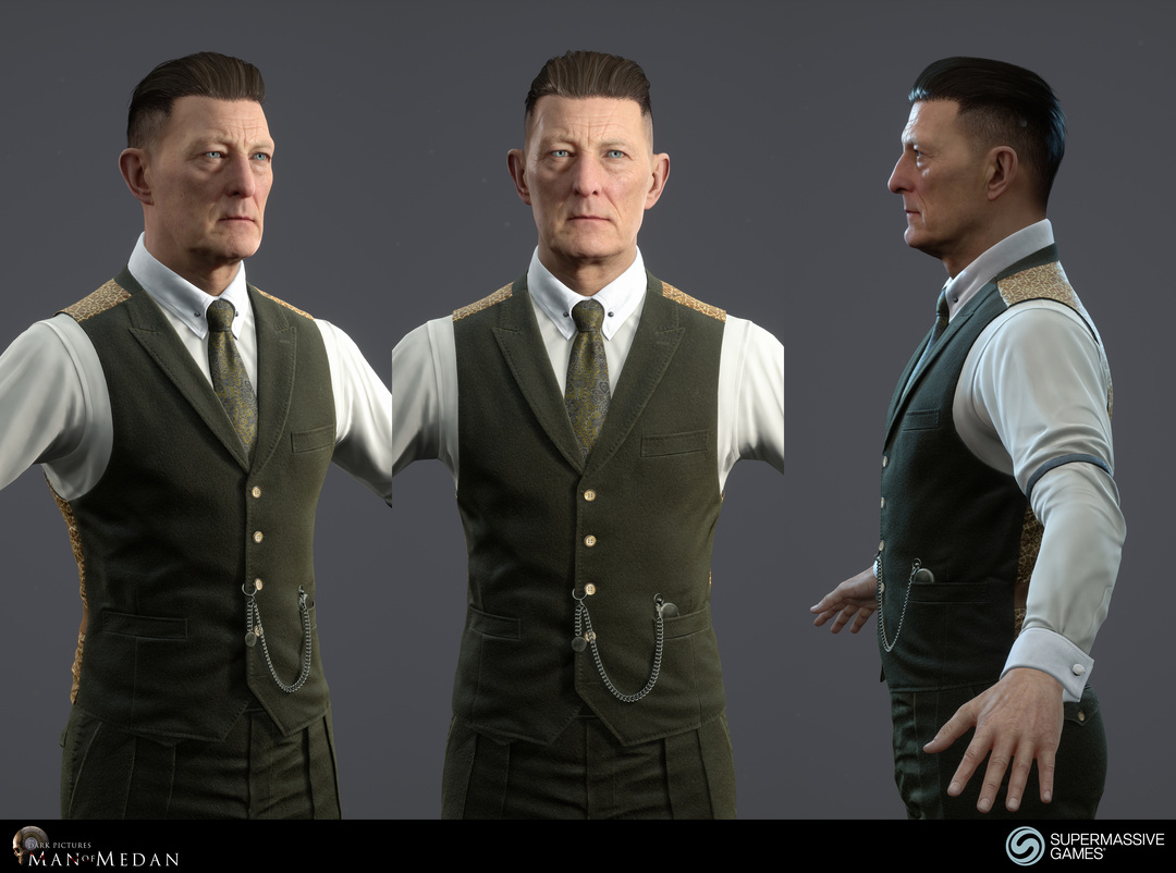 The Curator character from The Dark Pictures game in Unreal Engine. Cold hearted face with blue eyes, strong hold hair wax, elegant green waistcoat. Andor Kollar