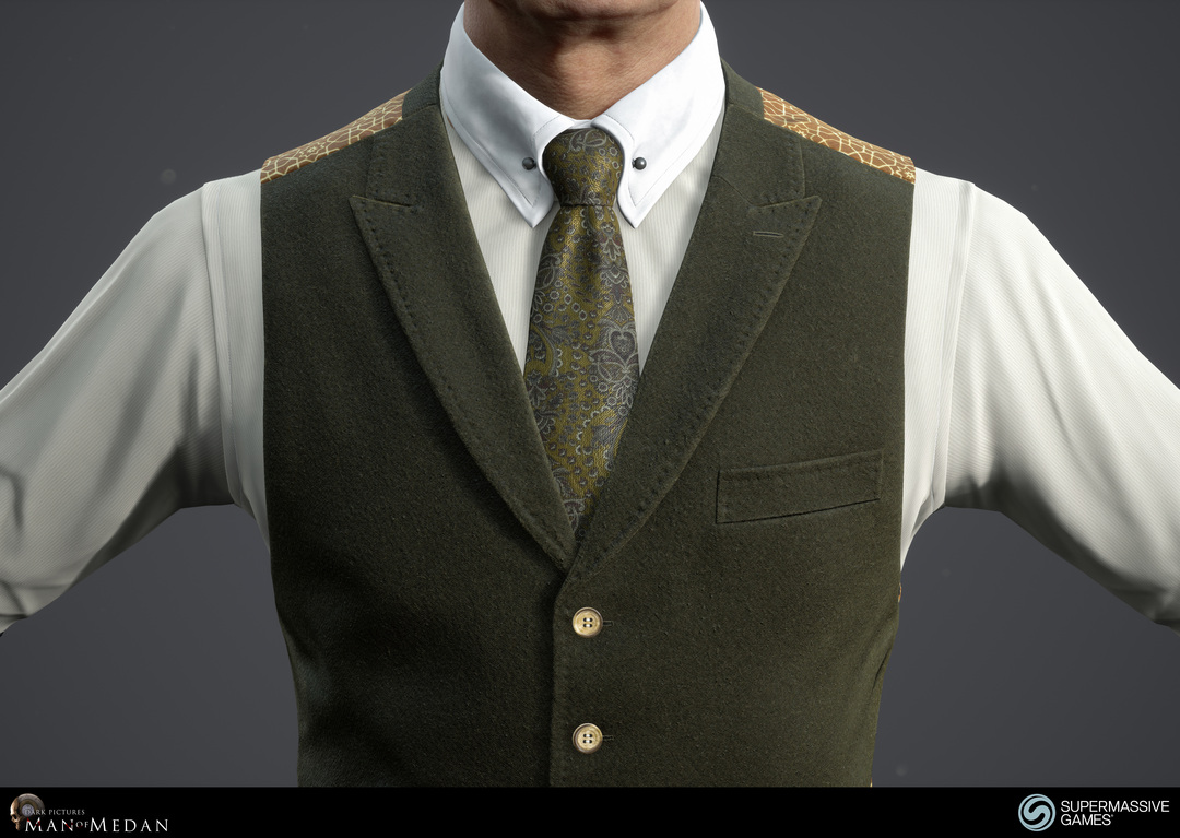 The Curator character from The Dark Pictures game in Unreal Engine. Elegant green waistcoat and tie. Andor Kollar