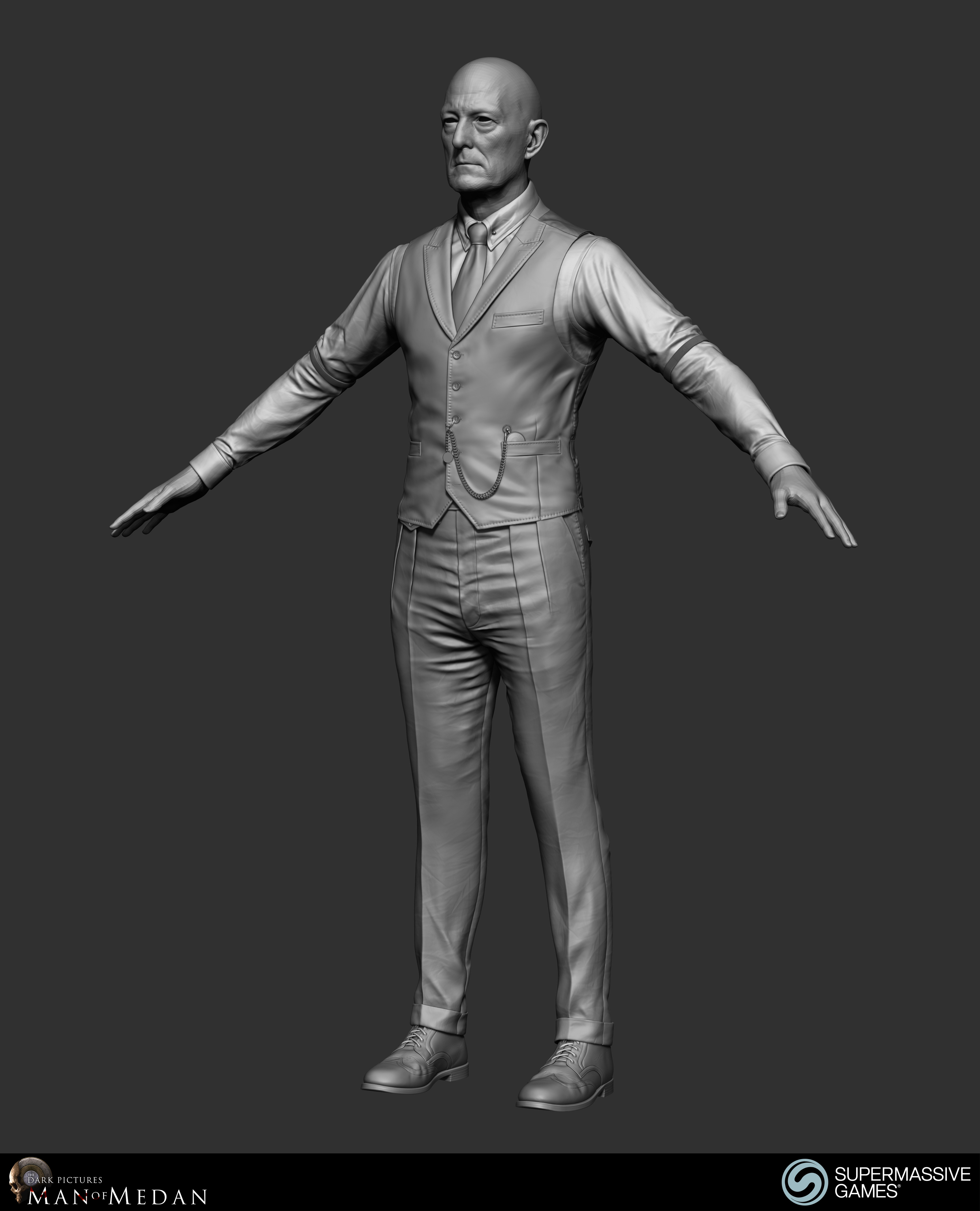 The Curator character in his elegant costume from Dark Pictures. Waistcoat, shirt, sleeve garter, trousers, tie, poclet watch. ZBrush sculpting by Andor Kollar.