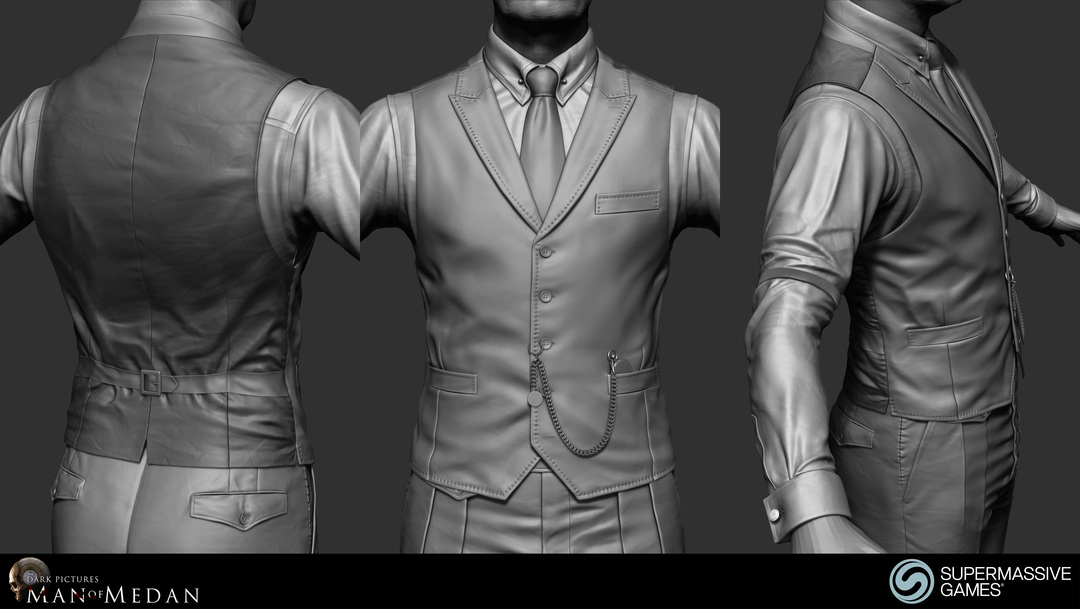 The Curator character in his elegant costume from Dark Pictures. Waistcoat, shirt, sleeve garter, cufflink, tie, poclet watch. ZBrush sculpting by Andor Kollar.