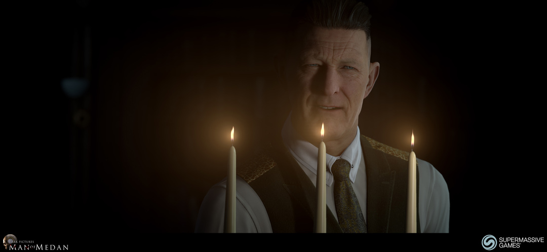 The Curator character from The Dark Pictures game. The Curator with candles. Andor Kollar