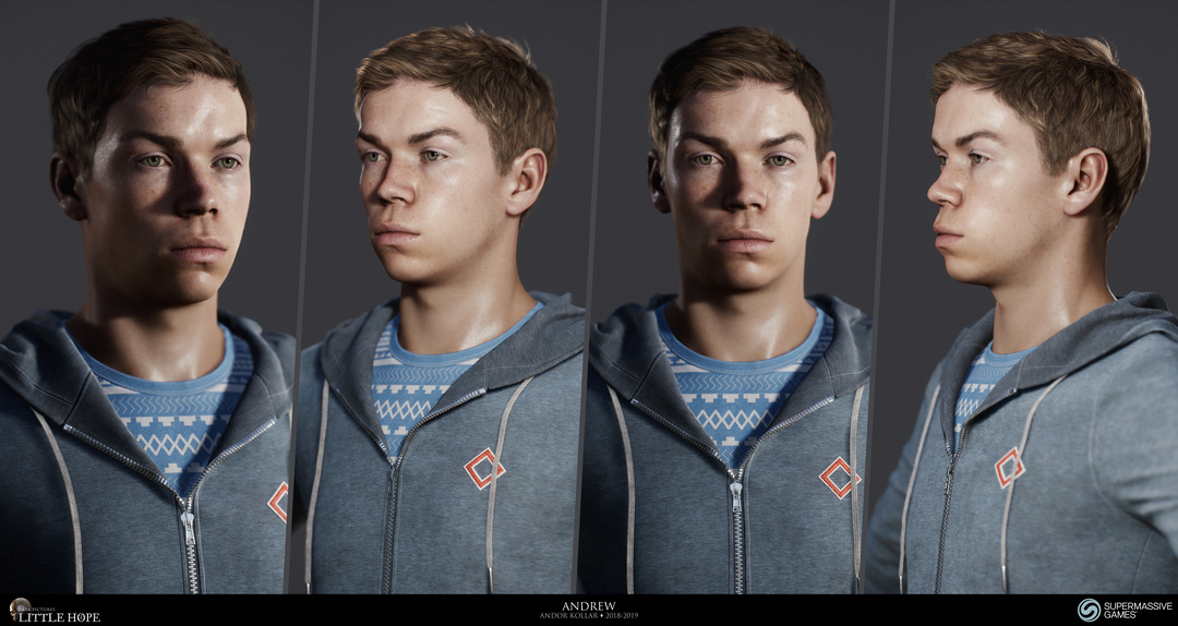 Little Hope, 3d game character, Head of Andrew, short brown hair, blue hoodie, Will Poulter, Unreal Engine, Andor Kollar