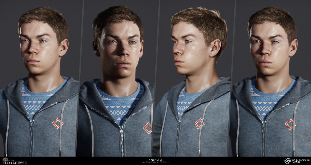 Little Hope, 3d game character, Head of Andrew, short brown hair, blue hoodie, Will Poulter, Unreal Engine, Andor Kollar