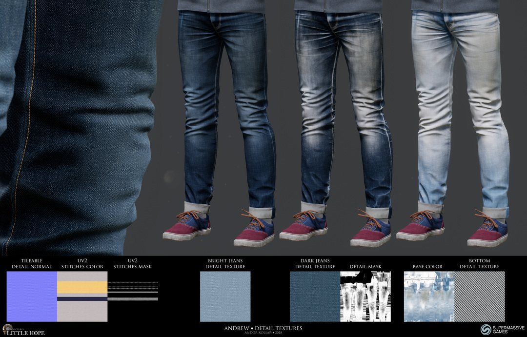 Little Hope, 3d game character, detailed realistic blue jeans denim, Unreal Engine, texturing workflow, tutorial, Andor Kollar