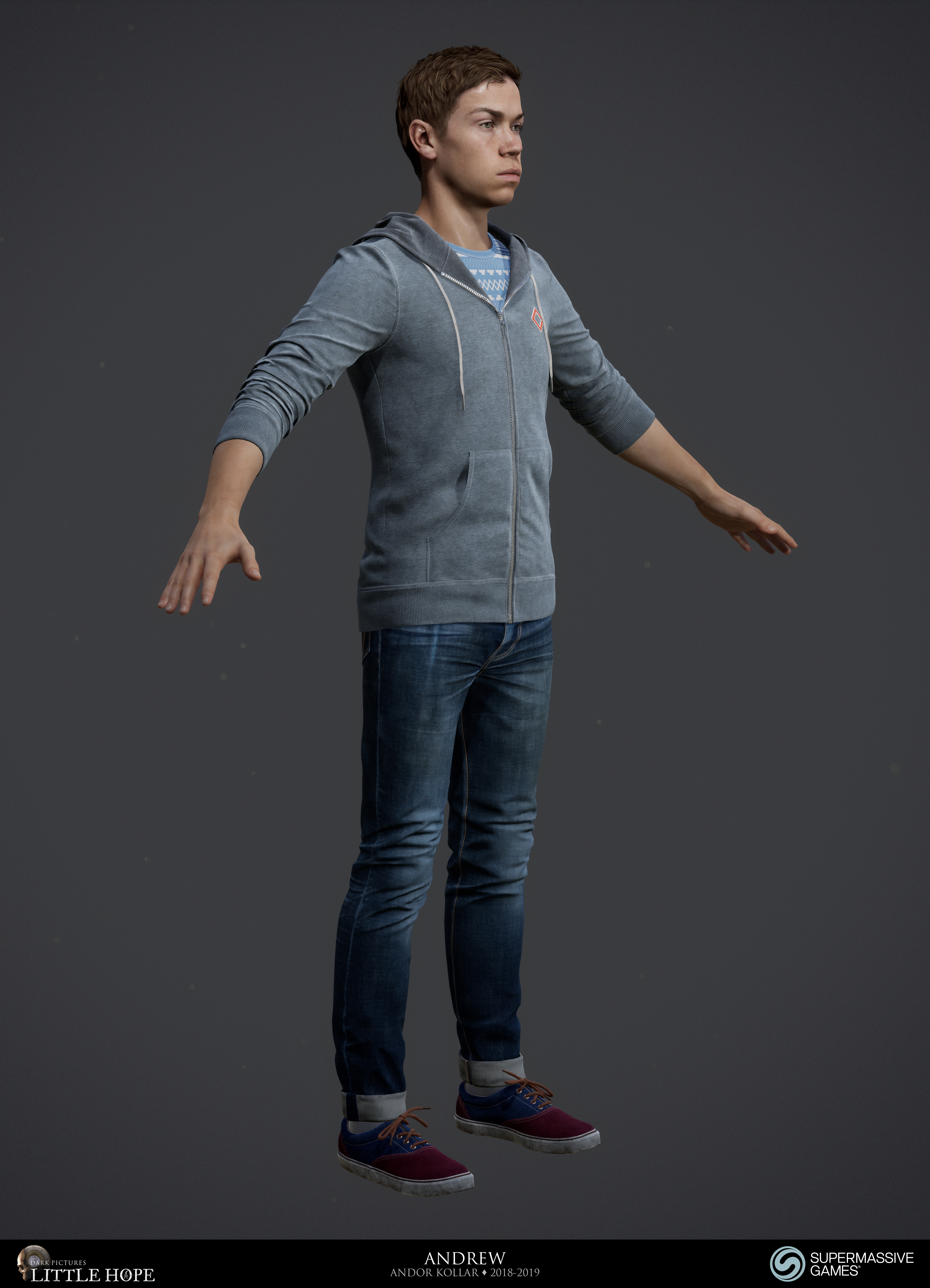 Little Hope, 3d game character, Andrew, young guy male, blue hoodie and jeans, Will Poulter, Unreal Engine, Andor Kollar