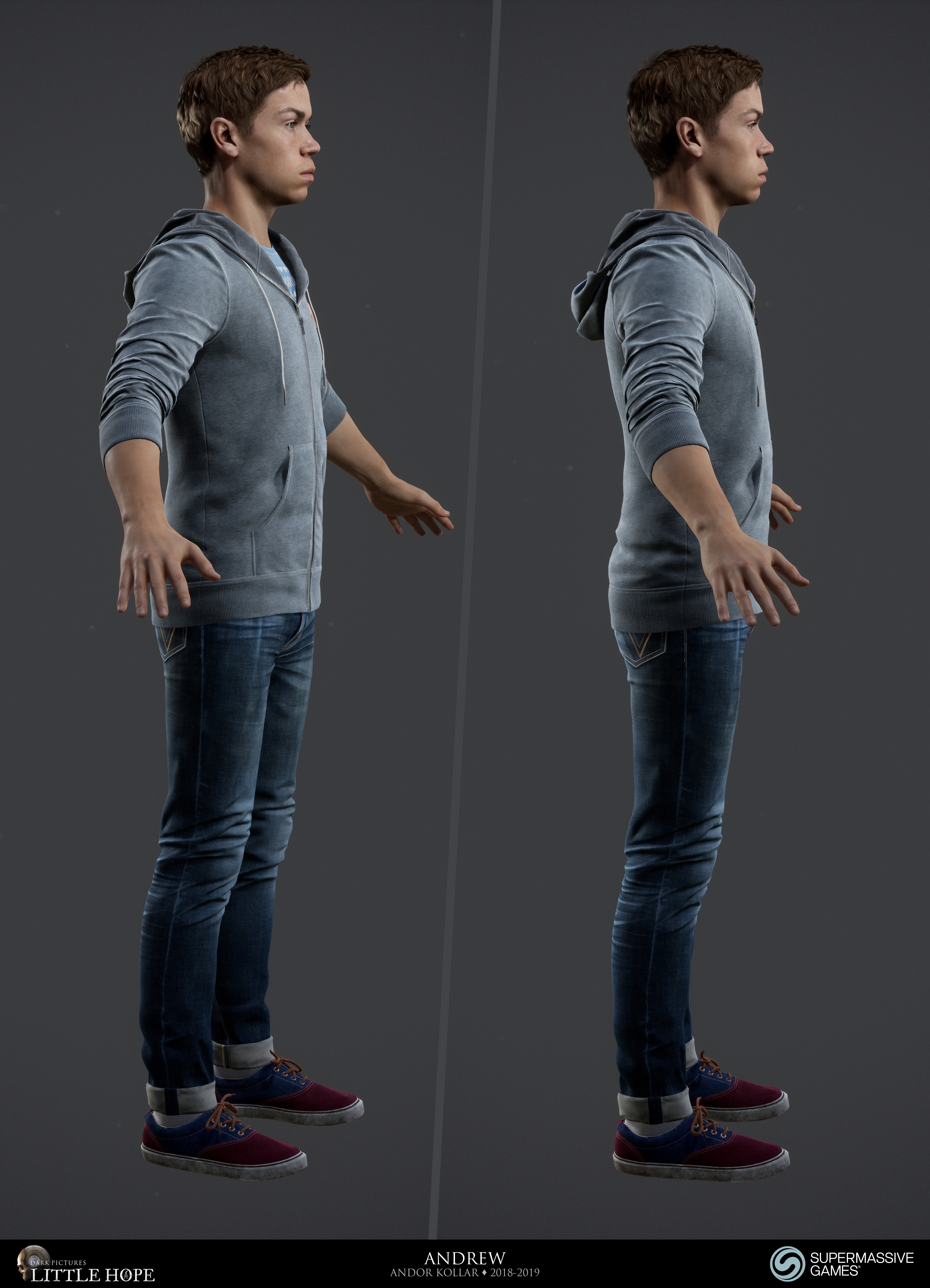 Little Hope, 3d game character, Andrew, young guy male, blue hoodie and jeans, Will Poulter, Unreal Engine, Andor Kollar