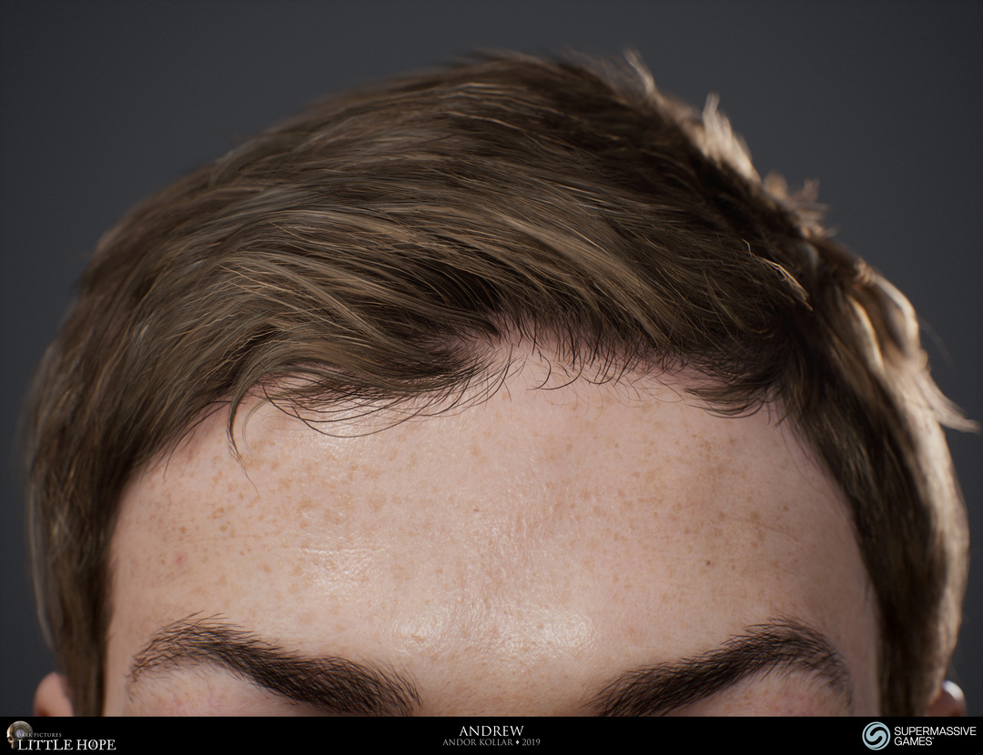 Little Hope, 3d game character, Andrew, realistic short brown polygon hair for game, Unreal Engine, Andor Kollar