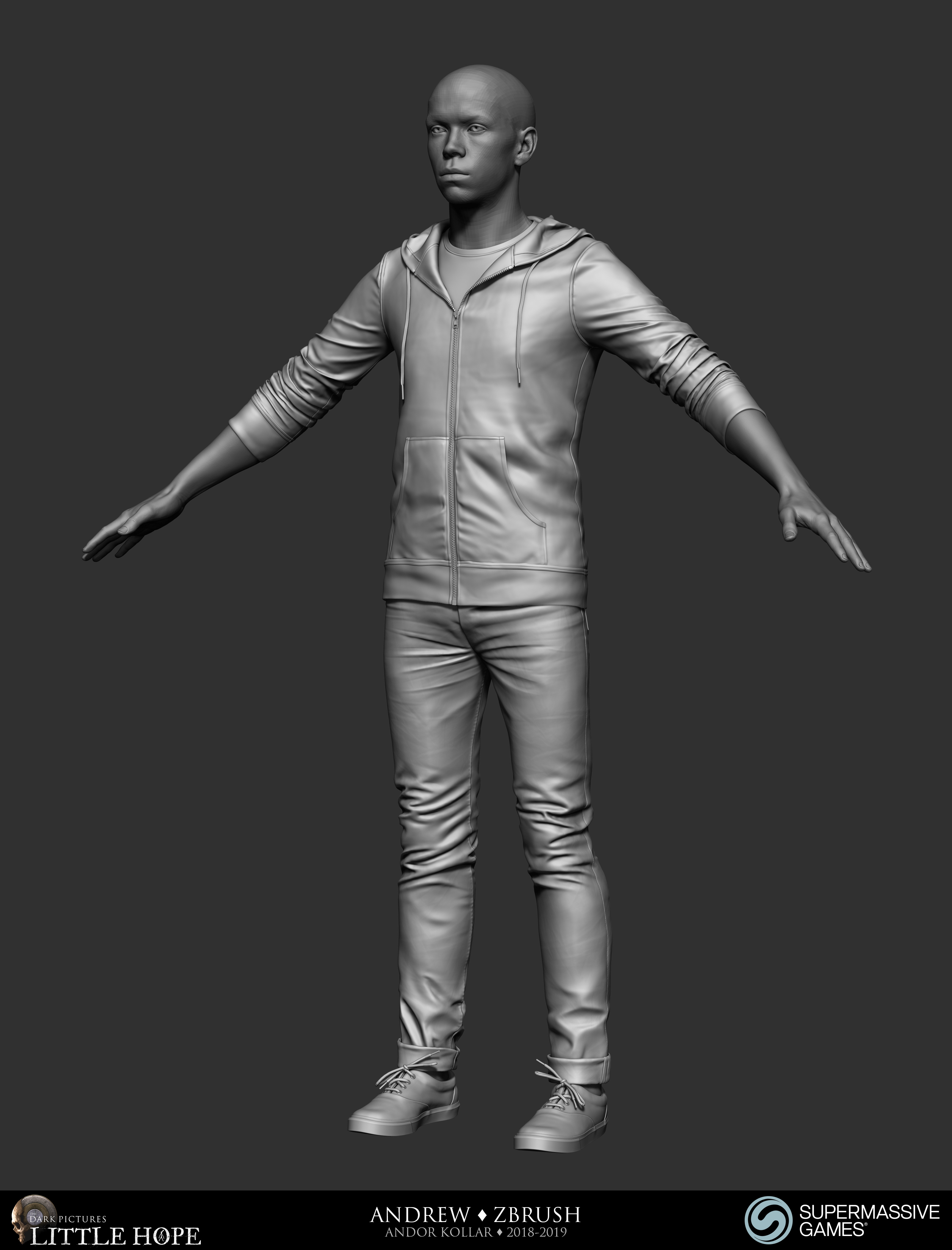 Little Hope, Andrew, 3d character, ZBrush sculpting, hoodie, jeans, Andor Kollar