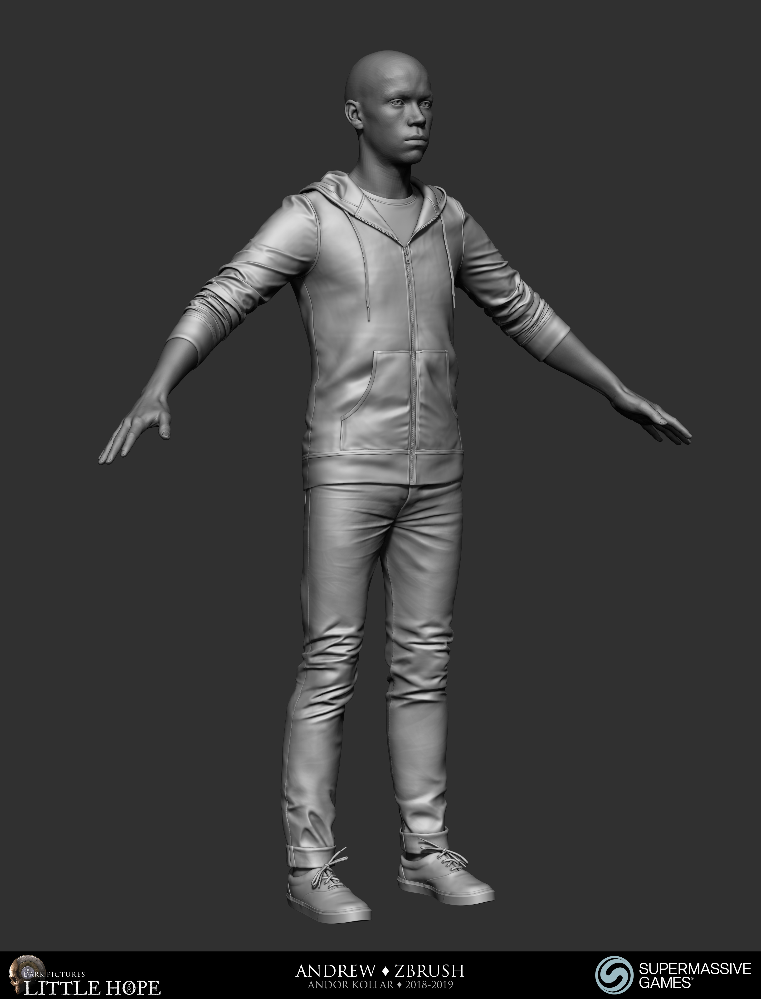 Little Hope, Andrew, 3d character, ZBrush sculpting, hoodie, jeans, Andor Kollar