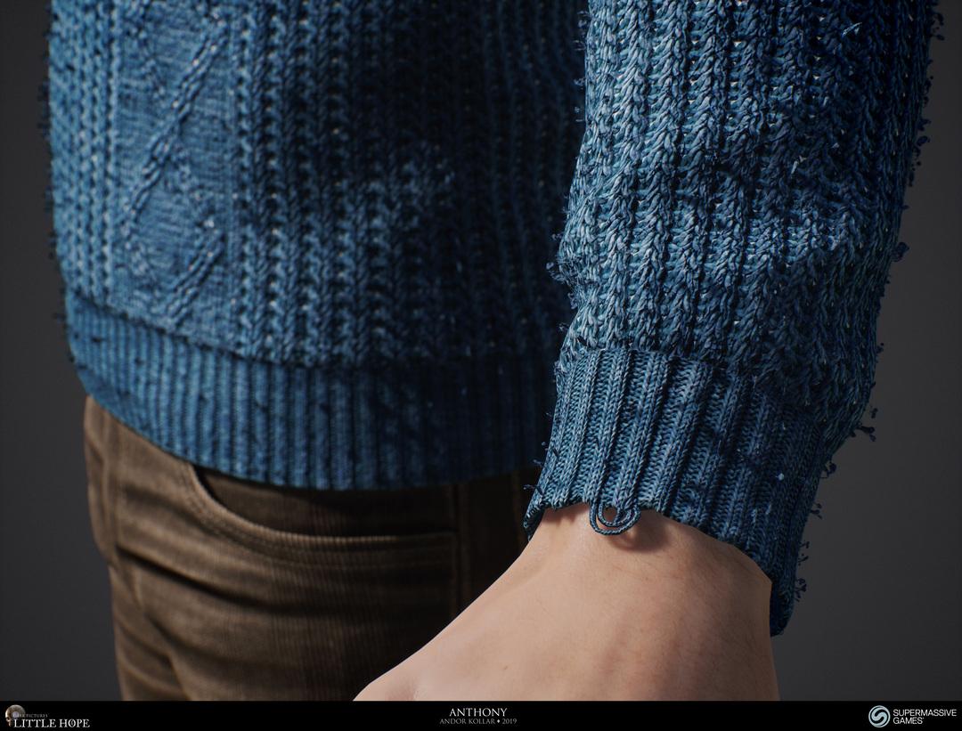 Little Hope, 3d game character, Anthony, blue jumper, blue sweater, knitting, frayes, Unreal Engine, Andor Kollar